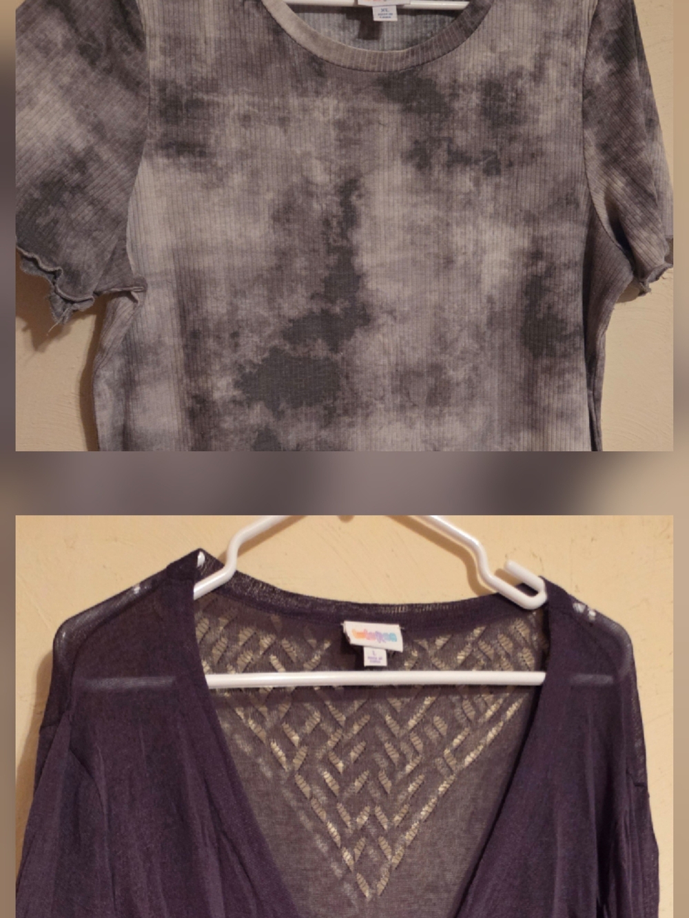 LuLaRoe Gray Tie-Dye Ribbed Short Sleeve Top with Dark Gray Cardigan